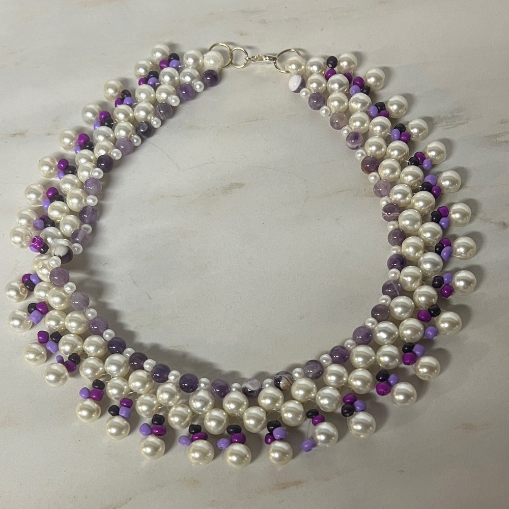Elegant Pearl and Purple Beaded Necklace